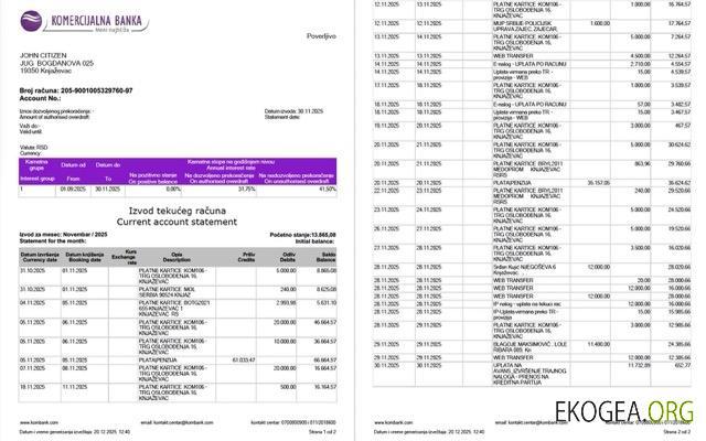 Serbie Relevé de compte de la Komercijalna Banka Modèle Word et PDF, 2 pages